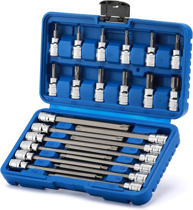EMENTOL 3/8 Inch Drive Torx Bit Socket Set, Extra Long Star Bit Sockets, 24-Piece, Cr-V and S2 Alloy Steel, T10-T50 - Image 1